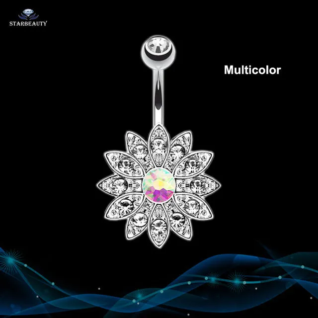 14G Sun Flower Petal Navel Piercing Ombligo Silver Pink Crystal Belly Button Rings Body Piercing Nombril Pircing Navelpiercing