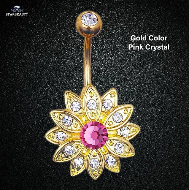 14G Sun Flower Petal Navel Piercing Ombligo Silver Pink Crystal Belly Button Rings Body Piercing Nombril Pircing Navelpiercing