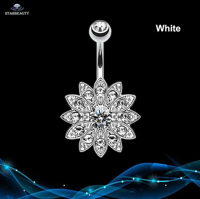 14G Sun Flower Petal Navel Piercing Ombligo Silver Pink Crystal Belly Button Rings Body Piercing Nombril Pircing Navelpiercing