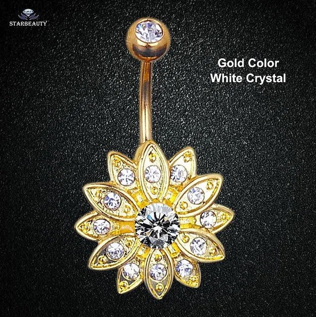 14G Sun Flower Petal Navel Piercing Ombligo Silver Pink Crystal Belly Button Rings Body Piercing Nombril Pircing Navelpiercing