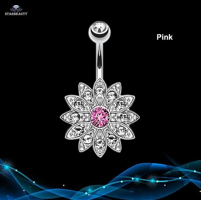 14G Sun Flower Petal Navel Piercing Ombligo Silver Pink Crystal Belly Button Rings Body Piercing Nombril Pircing Navelpiercing