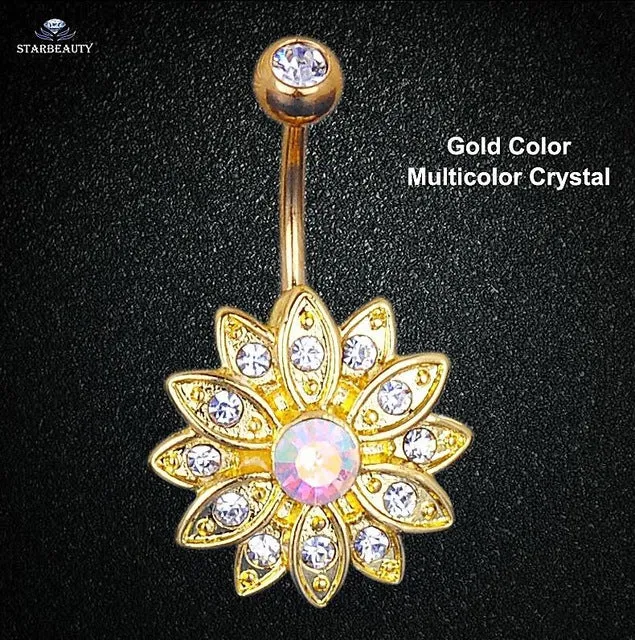 14G Sun Flower Petal Navel Piercing Ombligo Silver Pink Crystal Belly Button Rings Body Piercing Nombril Pircing Navelpiercing
