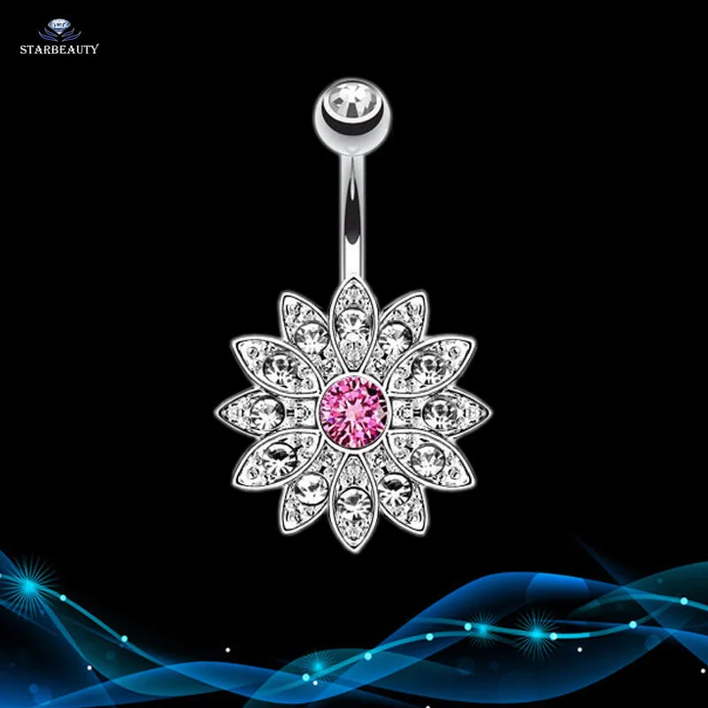14G Sun Flower Petal Navel Piercing Ombligo Silver Pink Crystal Belly Button Rings Body Piercing Nombril Pircing Navelpiercing