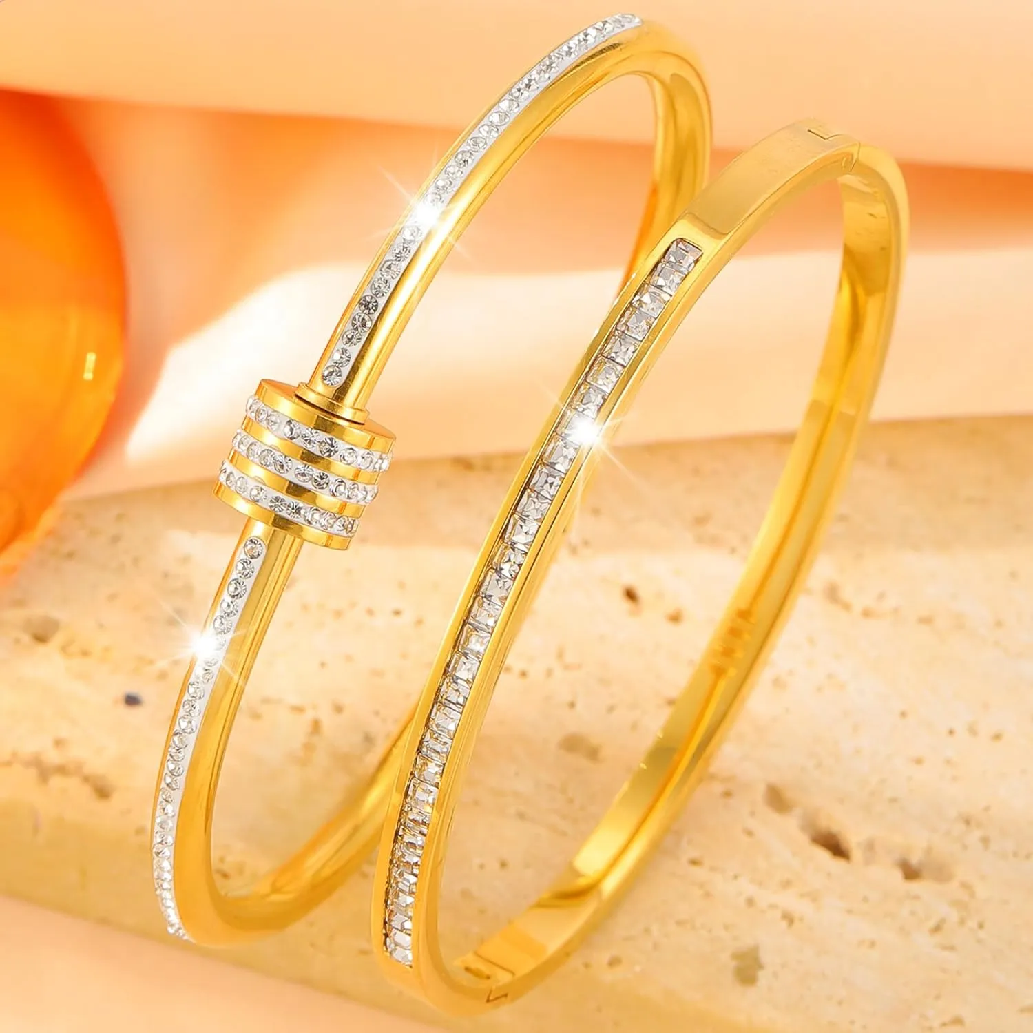 18K Gold Plated Stainless Steel Cuff Bracelet & Love Friendship Screw Bangle Bracelet Set for Women with Gift Box