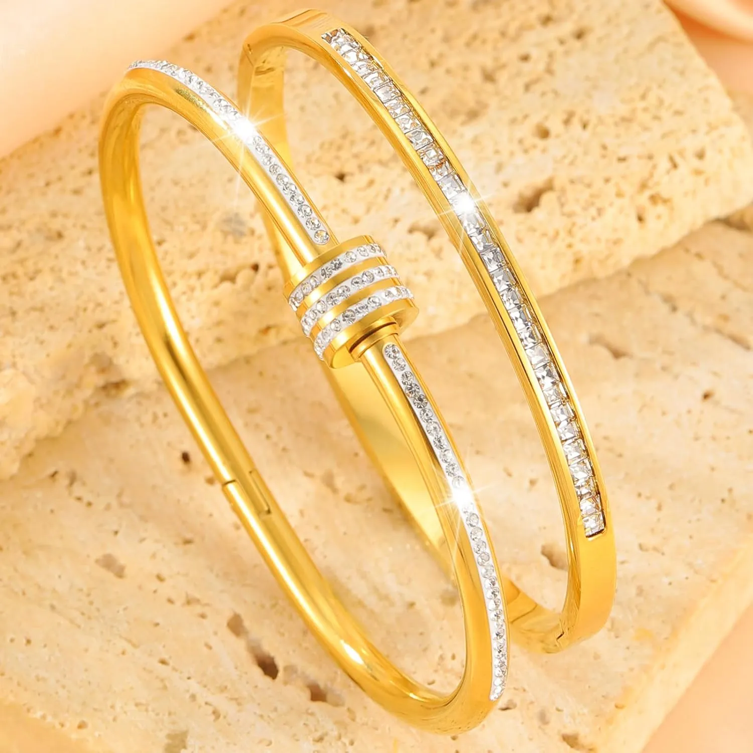 18K Gold Plated Stainless Steel Cuff Bracelet & Love Friendship Screw Bangle Bracelet Set for Women with Gift Box