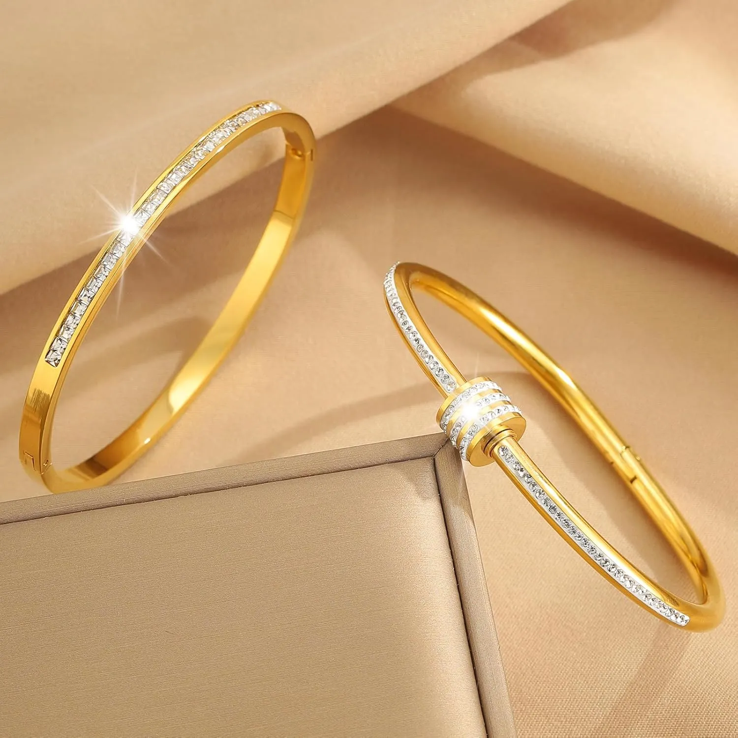 18K Gold Plated Stainless Steel Cuff Bracelet & Love Friendship Screw Bangle Bracelet Set for Women with Gift Box