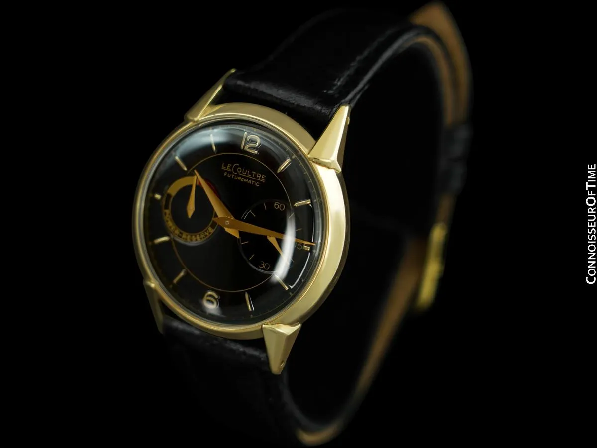 1954 LeCoultre Futurematic Vintage Mens Black Dial Watch - Solid 14K Gold