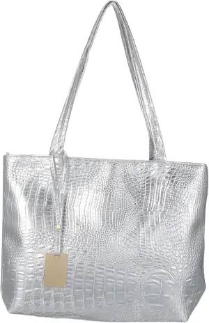 1Pc Large Capacity Silver Handbag for Women Stylish Tote Bag for School Work Travel Shopping PU Shoulder Bag with Comfortable Design Ample Storage