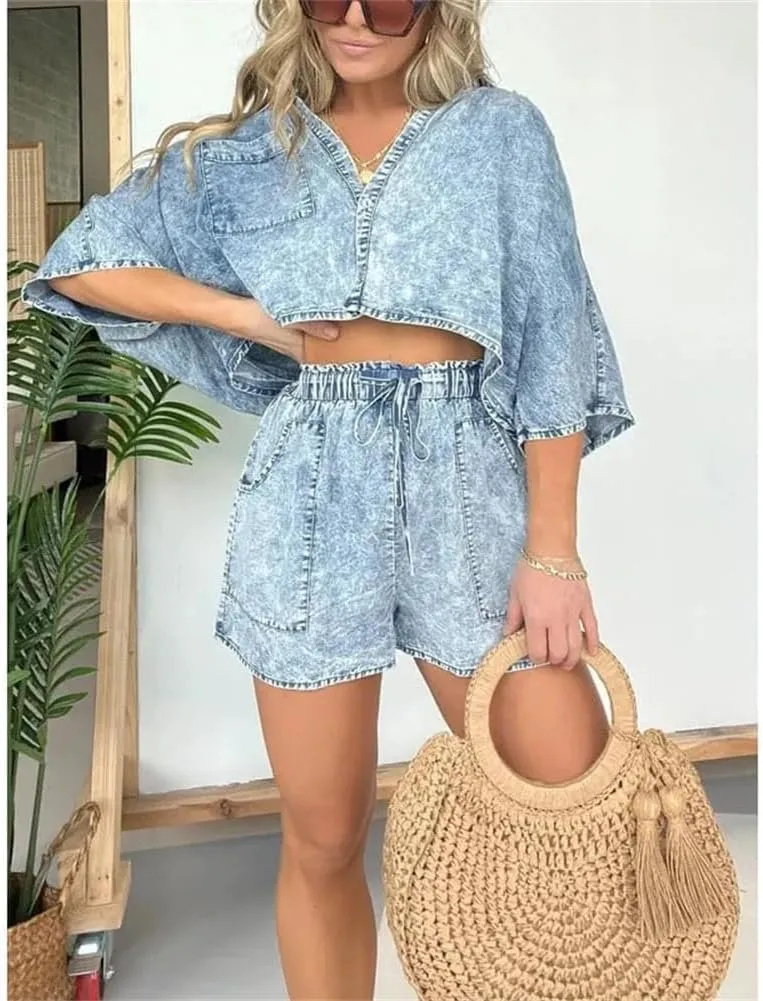 2024 New Washed Denim Tencel Set, Women's Casual Comfortable Top Up Shorts Set, Women's Casual V Neck Loose Short