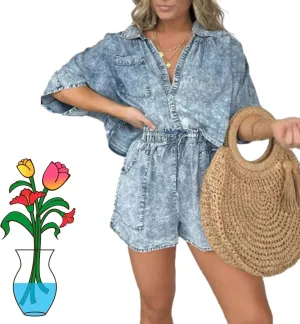 2024 New Washed Denim Tencel Set, Women's Casual Comfortable Top Up Shorts Set, Women's Casual V Neck Loose Short