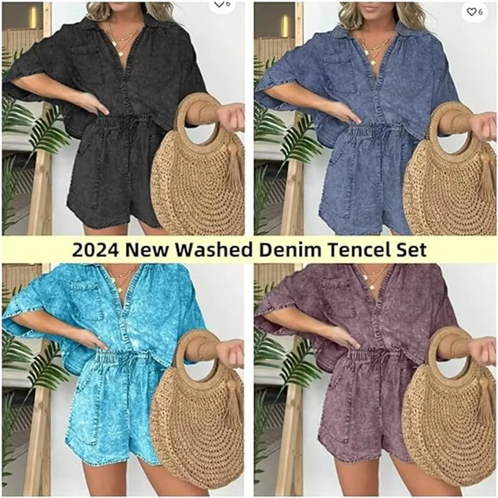 2024 New Washed Denim Tencel Set, Women's Casual Comfortable Top Up Shorts Set, Women's Casual V Neck Loose Short