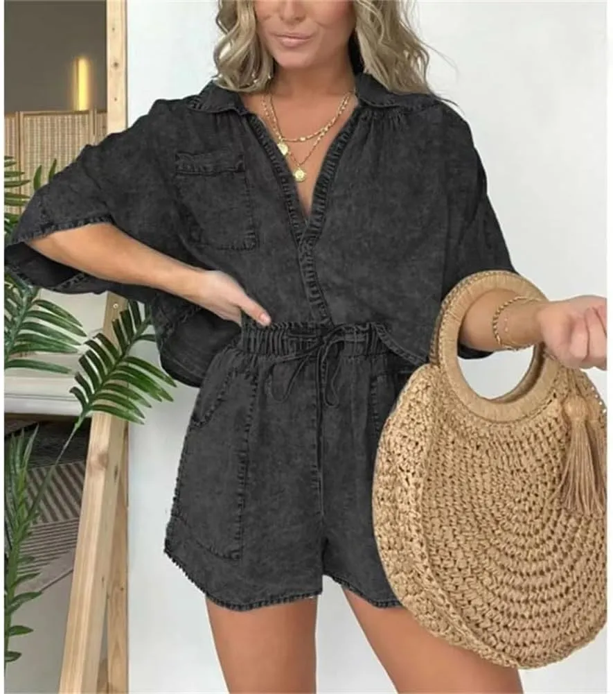 2024 New Washed Denim Tencel Set, Women's Casual Comfortable Top Up Shorts Set, Women's Casual V Neck Loose Short
