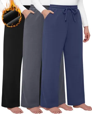 3 Pack Women's Plus Size Pants Fleece Lined Wide Leg Sweatpants with Pocket High Waist Drawstring Yoga Lounge Pants