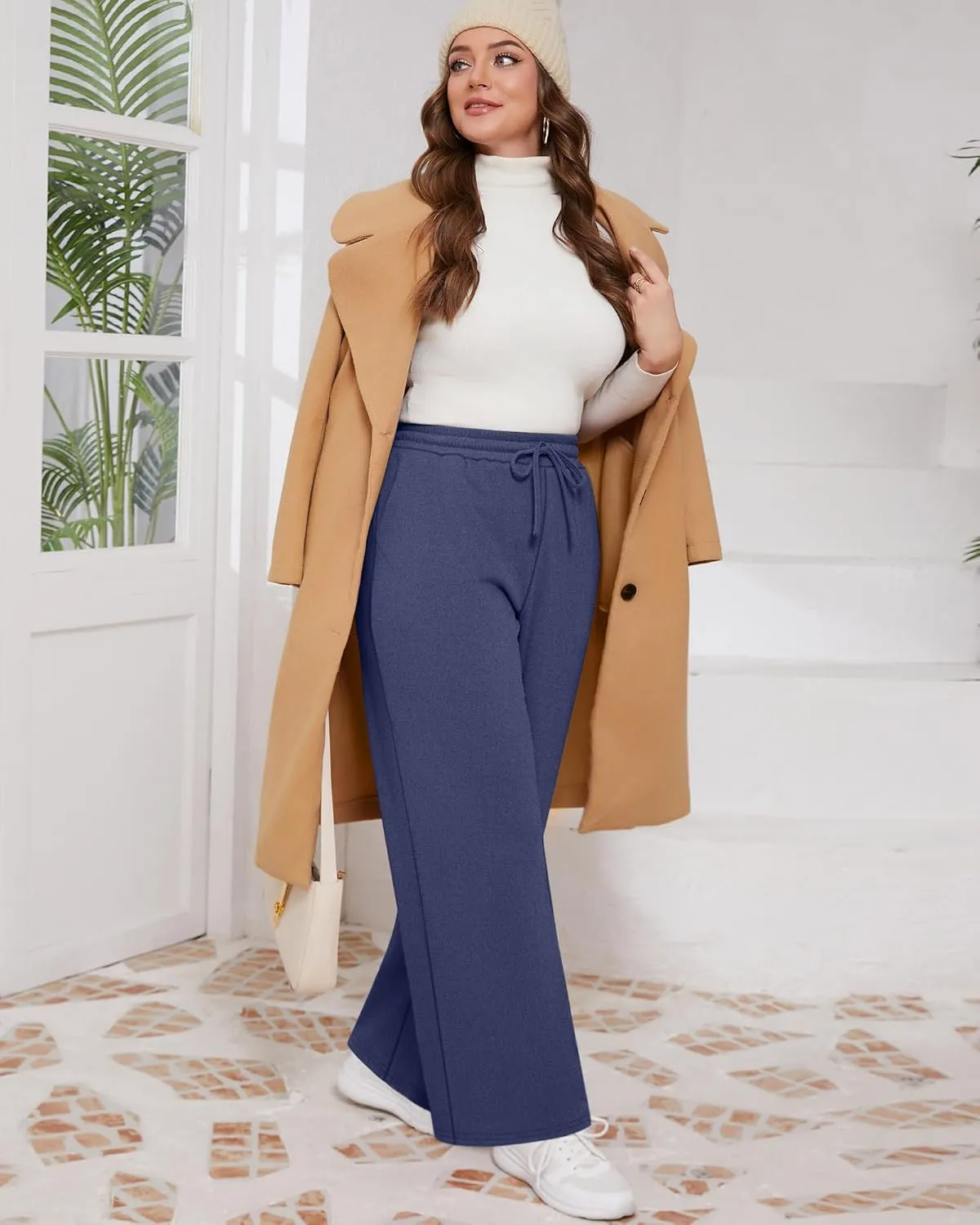 3 Pack Women's Plus Size Pants Fleece Lined Wide Leg Sweatpants with Pocket High Waist Drawstring Yoga Lounge Pants