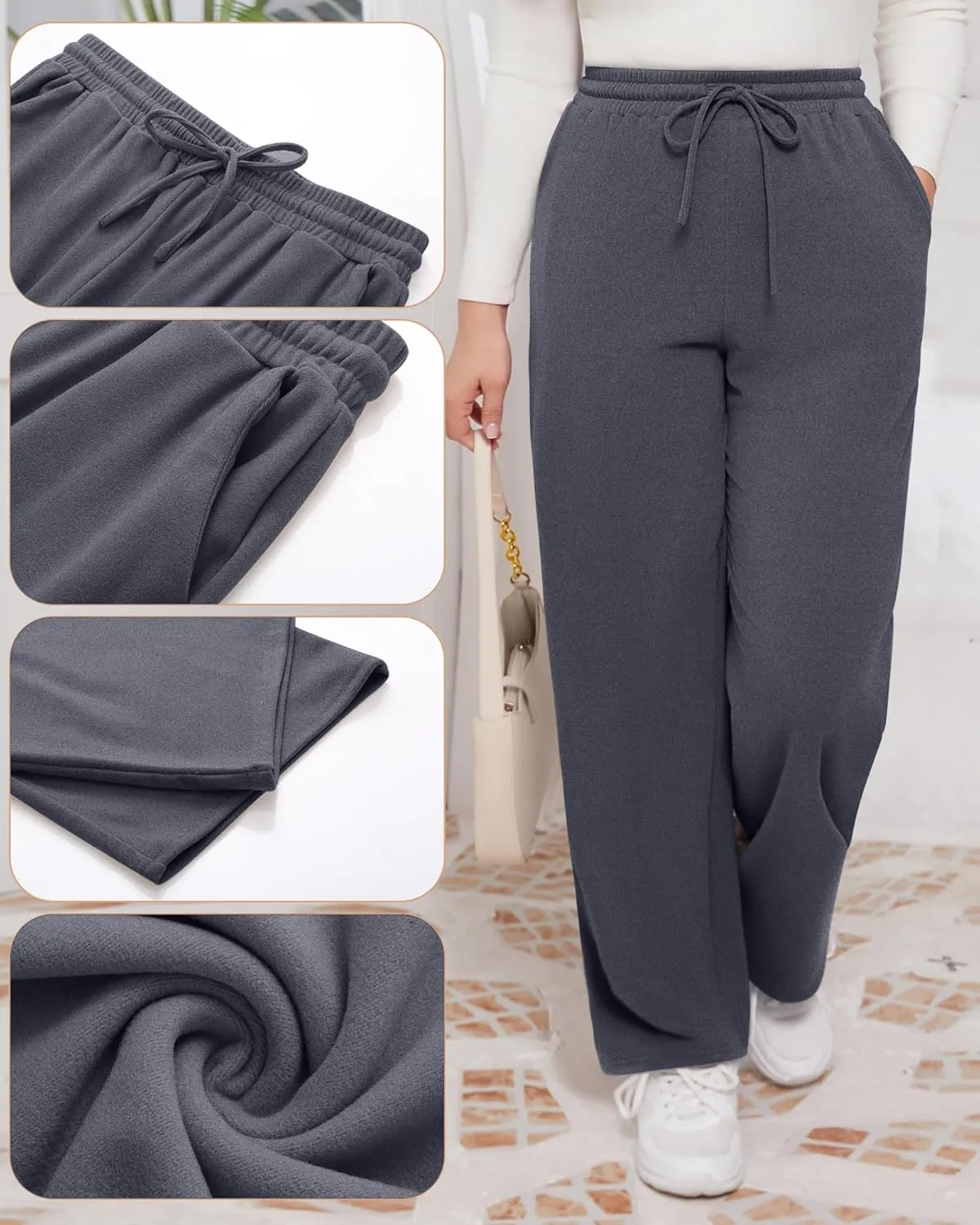 3 Pack Women's Plus Size Pants Fleece Lined Wide Leg Sweatpants with Pocket High Waist Drawstring Yoga Lounge Pants