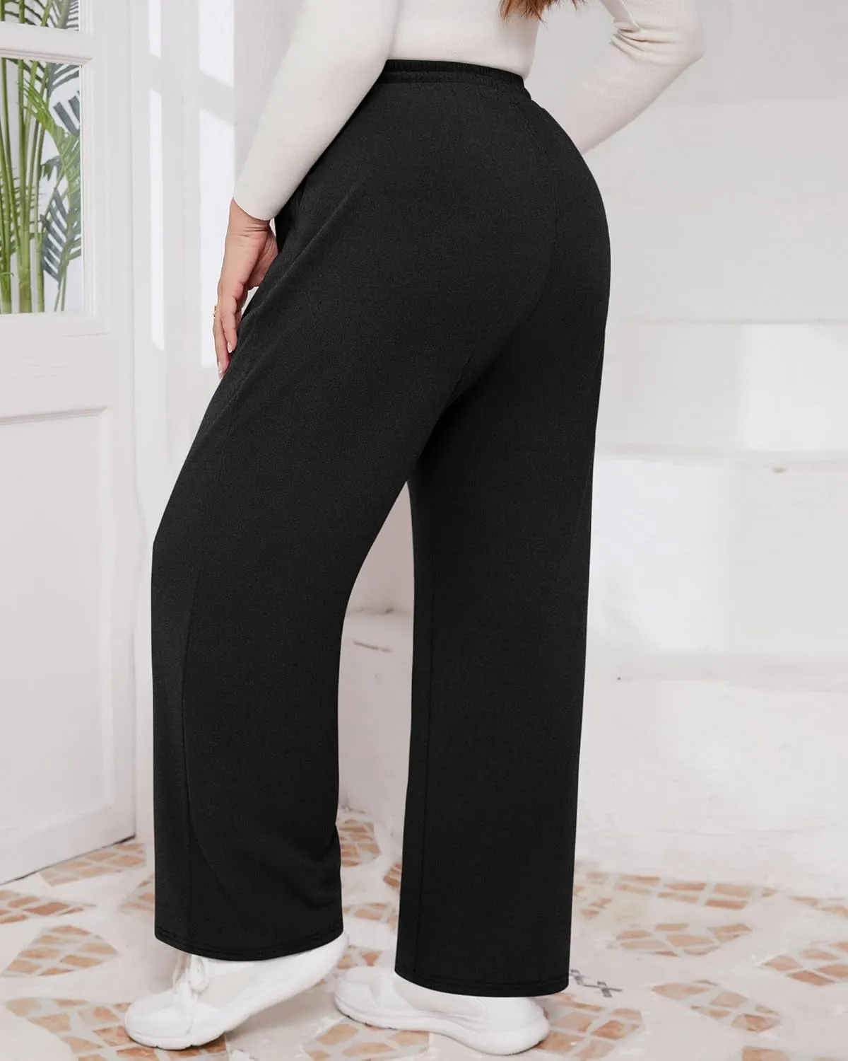3 Pack Women's Plus Size Pants Fleece Lined Wide Leg Sweatpants with Pocket High Waist Drawstring Yoga Lounge Pants