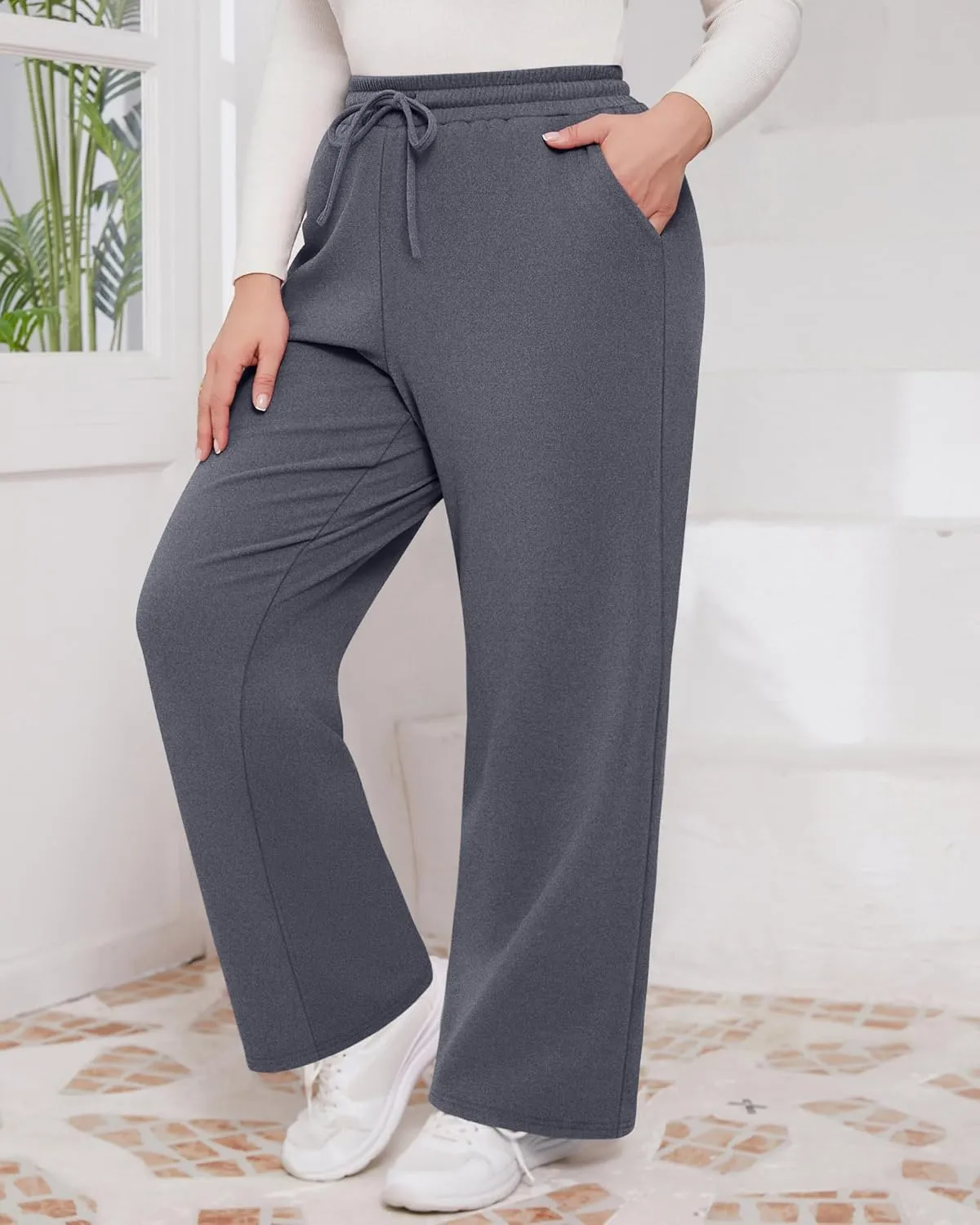 3 Pack Women's Plus Size Pants Fleece Lined Wide Leg Sweatpants with Pocket High Waist Drawstring Yoga Lounge Pants