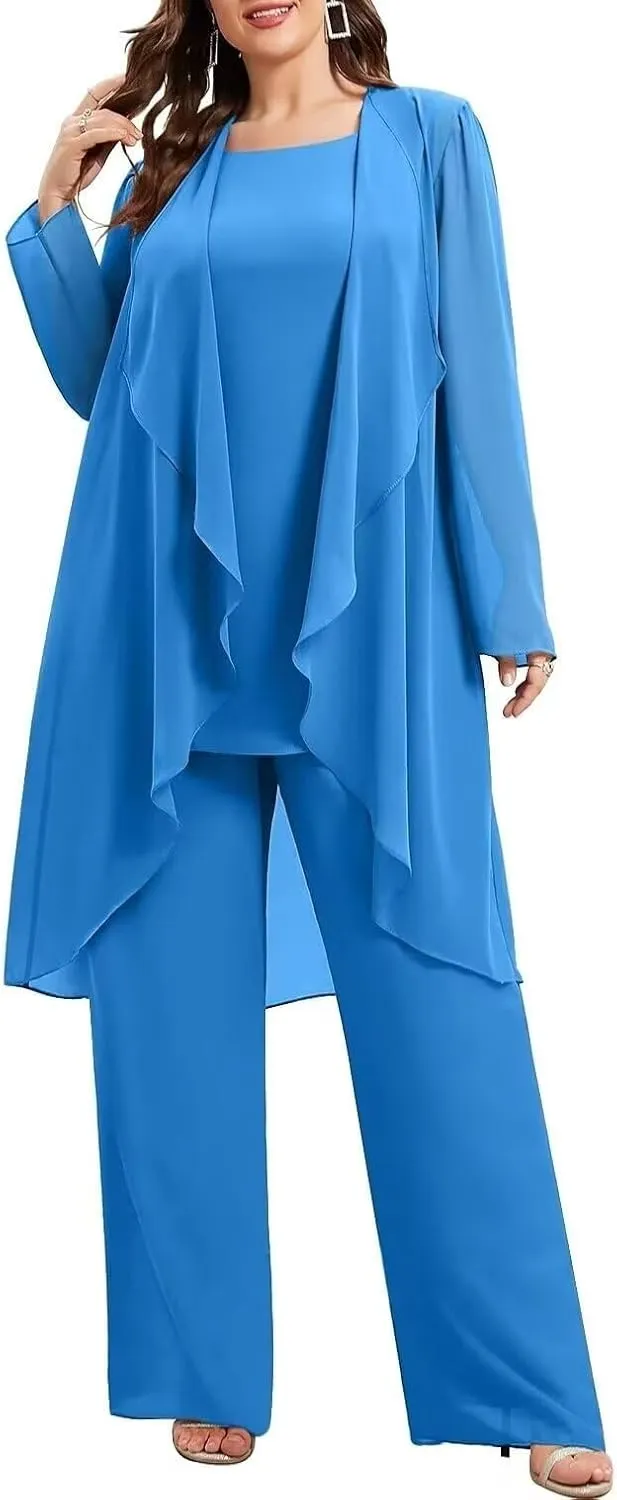 3 Pieces Chiffon Mother of The Bride Pant Suits Plus Size for Women Wedding Formal Outfit Set Evening Gown