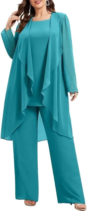 3 Pieces Chiffon Mother of The Bride Pant Suits Plus Size for Women Wedding Formal Outfit Set Evening Gown