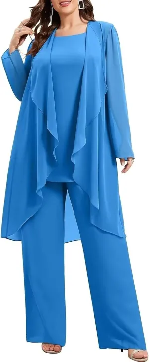 3 Pieces Chiffon Mother of The Bride Pant Suits Plus Size for Women Wedding Formal Outfit Set Evening Gown