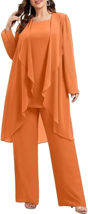 3 Pieces Chiffon Mother of The Bride Pant Suits Plus Size for Women Wedding Formal Outfit Set Evening Gown