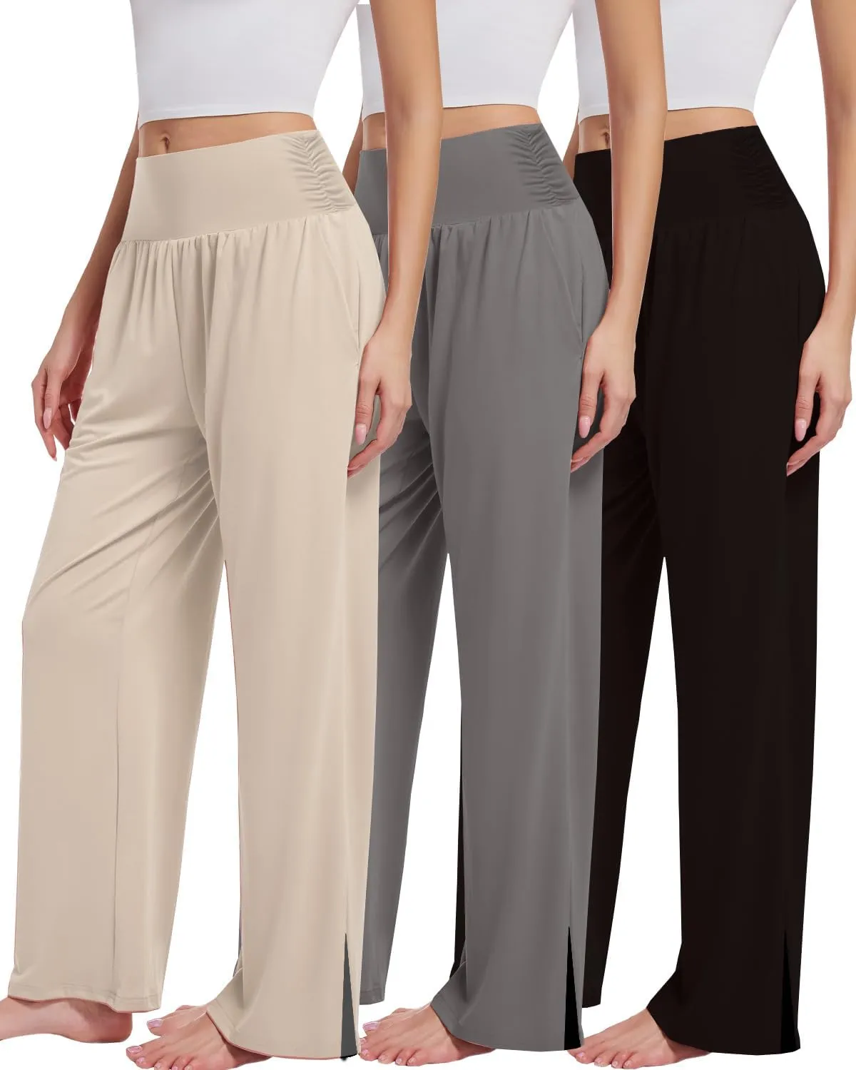 3PACK Womens Wide Leg Yoga Pants High Waisted Adjustable Tie Knot Joggers Loose Yoga Sweatpants Comfy Lounge Pajama