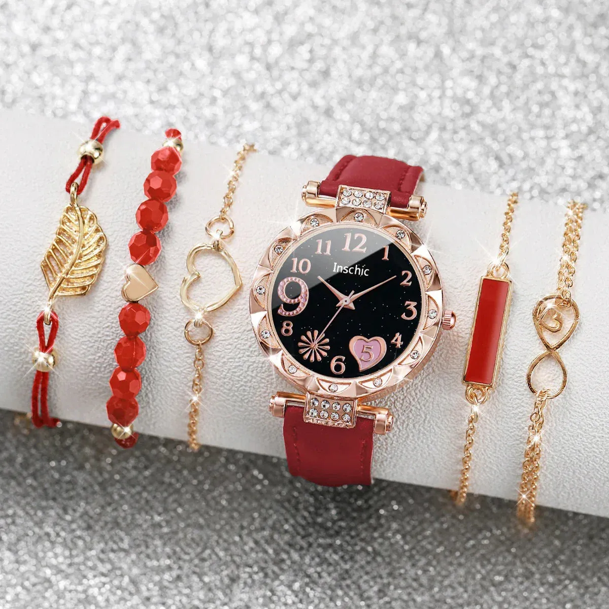 6 Piece Heart Dial Leather Band Watch Set
