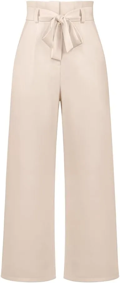 ABAFIP Women's High Waist Wide Leg Pants Business Work Office Casual Flared Palazzo Long Pants Belted Trousers