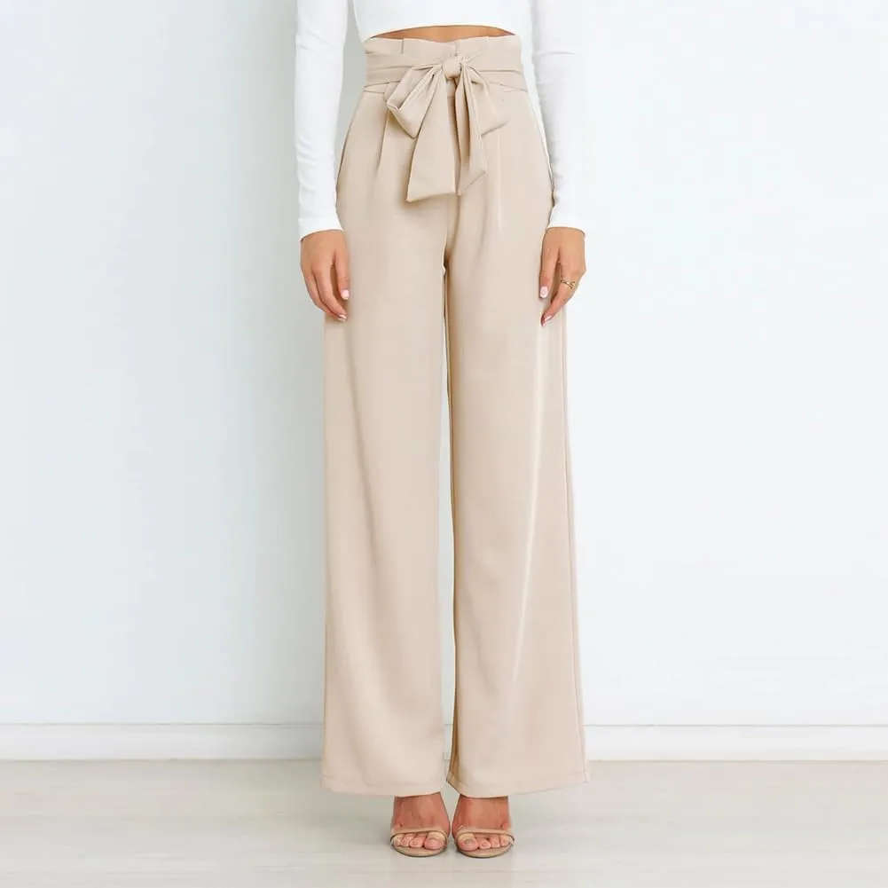 ABAFIP Women's High Waist Wide Leg Pants Business Work Office Casual Flared Palazzo Long Pants Belted Trousers
