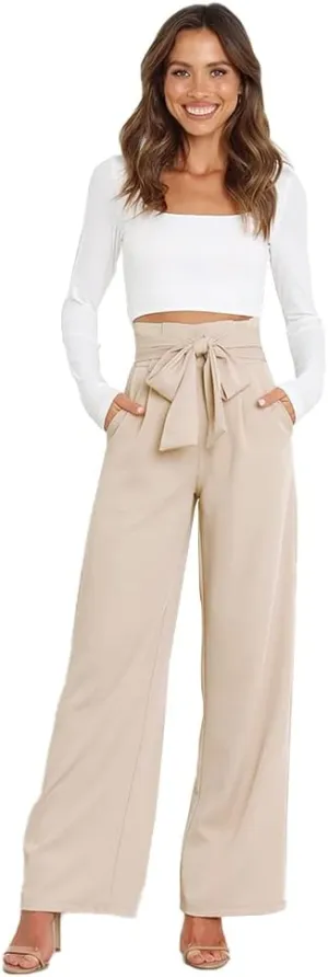 ABAFIP Women's High Waist Wide Leg Pants Business Work Office Casual Flared Palazzo Long Pants Belted Trousers