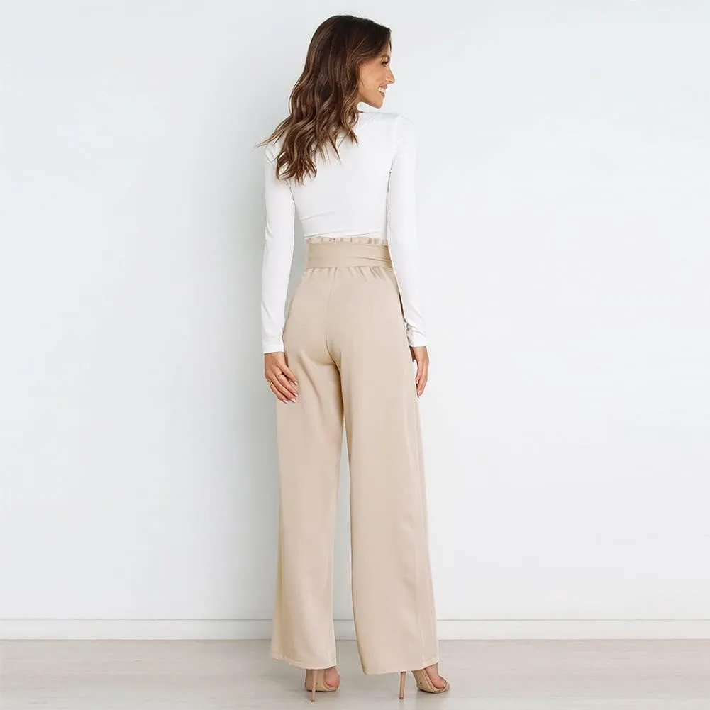 ABAFIP Women's High Waist Wide Leg Pants Business Work Office Casual Flared Palazzo Long Pants Belted Trousers
