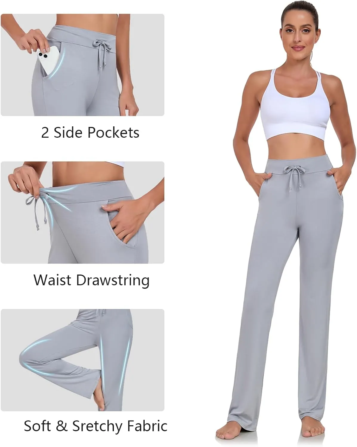 ADANIKI Womens Yoga Pants with Pockets Straight-Leg Loose Comfy Modal Drawstring Lounge Running Long Active Casual Sweatpants