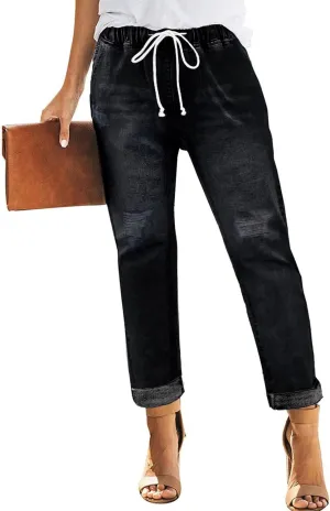 Addkaka Womens Casual Denim Jeans Pull-on Stretch Jeans Elastic Waist Jean Denim Drawstring Joggers Pants