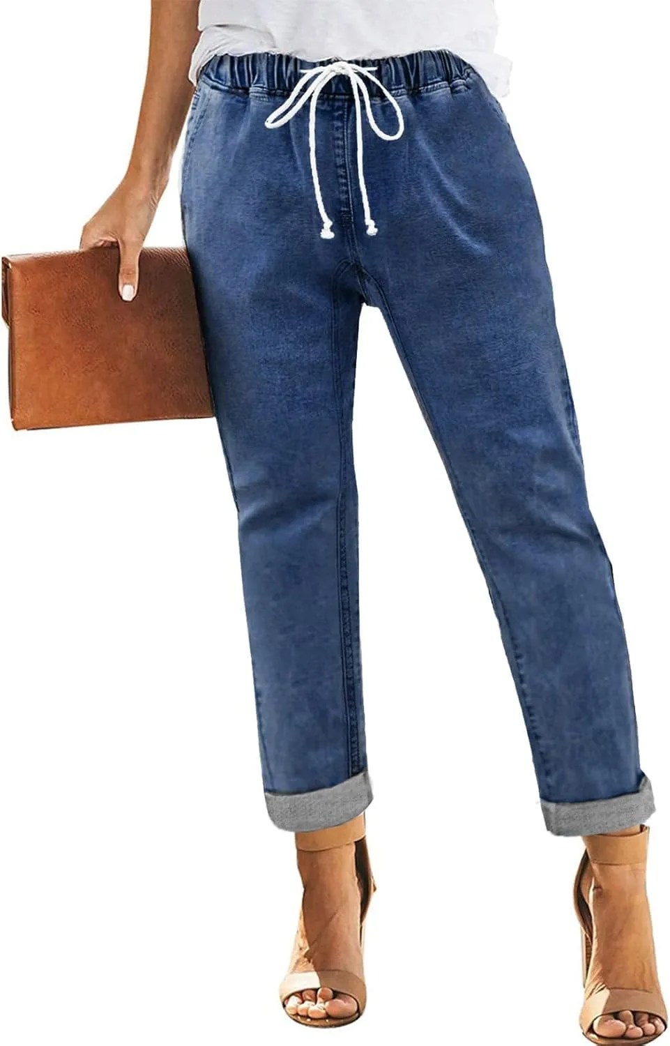 Addkaka Womens Casual Denim Jeans Pull-on Stretch Jeans Elastic Waist Jean Denim Drawstring Joggers Pants