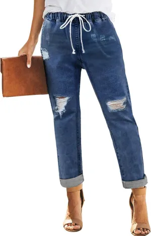Addkaka Womens Casual Denim Jeans Pull-on Stretch Jeans Elastic Waist Jean Denim Drawstring Joggers Pants
