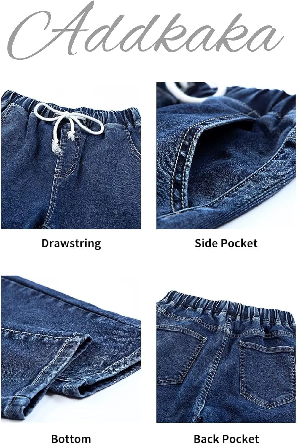 Addkaka Womens Casual Denim Jeans Pull-on Stretch Jeans Elastic Waist Jean Denim Drawstring Joggers Pants