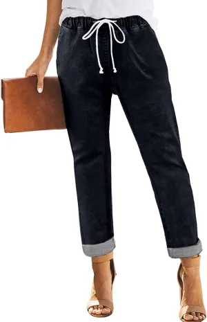 Addkaka Womens Casual Denim Jeans Pull-on Stretch Jeans Elastic Waist Jean Denim Drawstring Joggers Pants