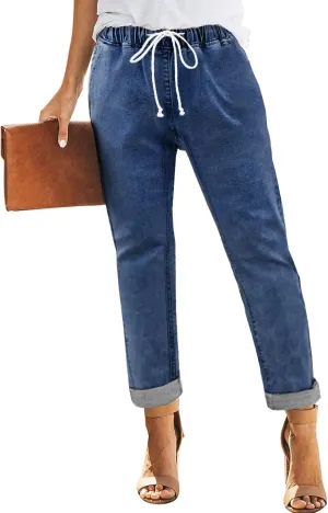 Addkaka Womens Casual Denim Jeans Pull-on Stretch Jeans Elastic Waist Jean Denim Drawstring Joggers Pants