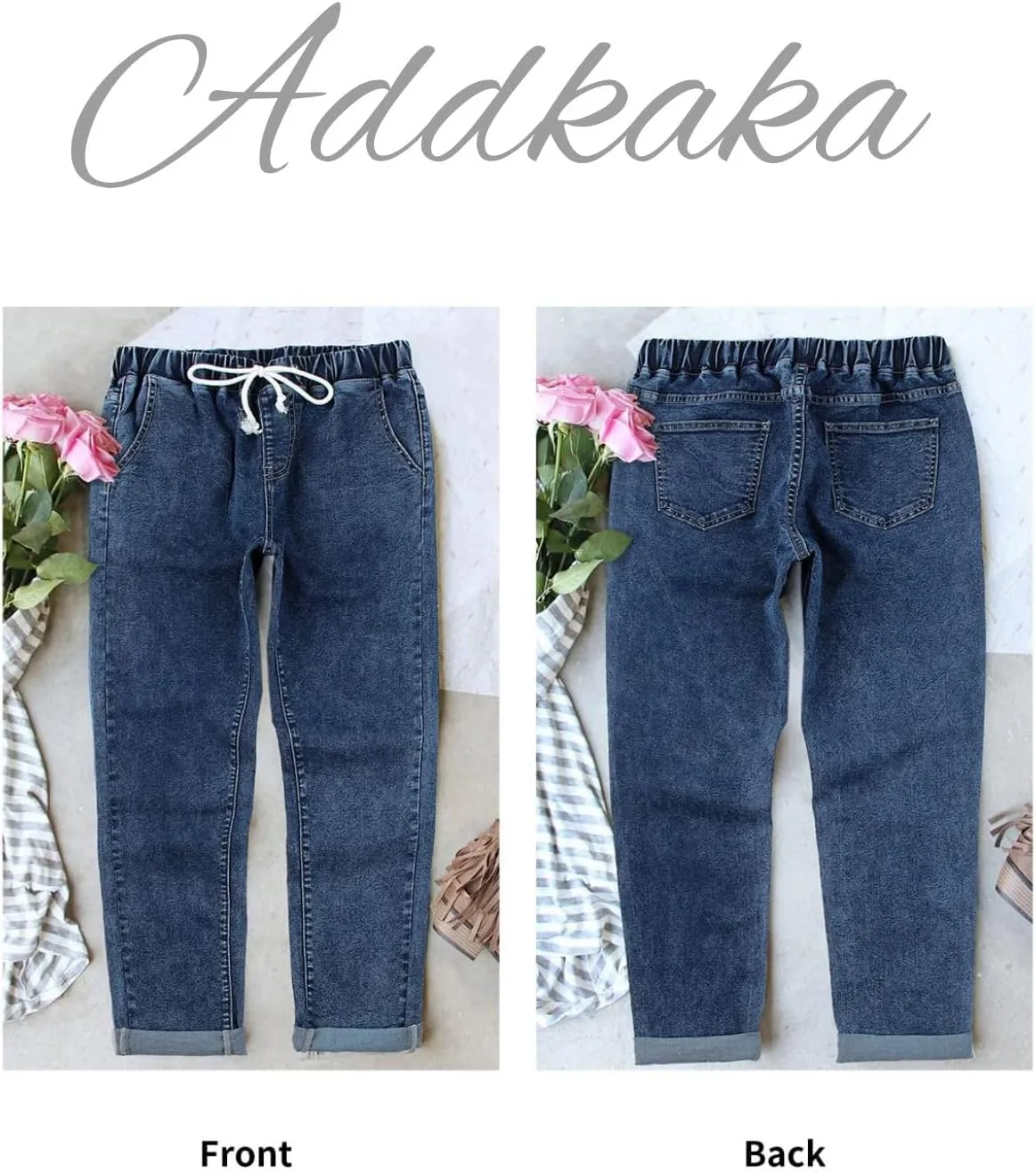 Addkaka Womens Casual Denim Jeans Pull-on Stretch Jeans Elastic Waist Jean Denim Drawstring Joggers Pants