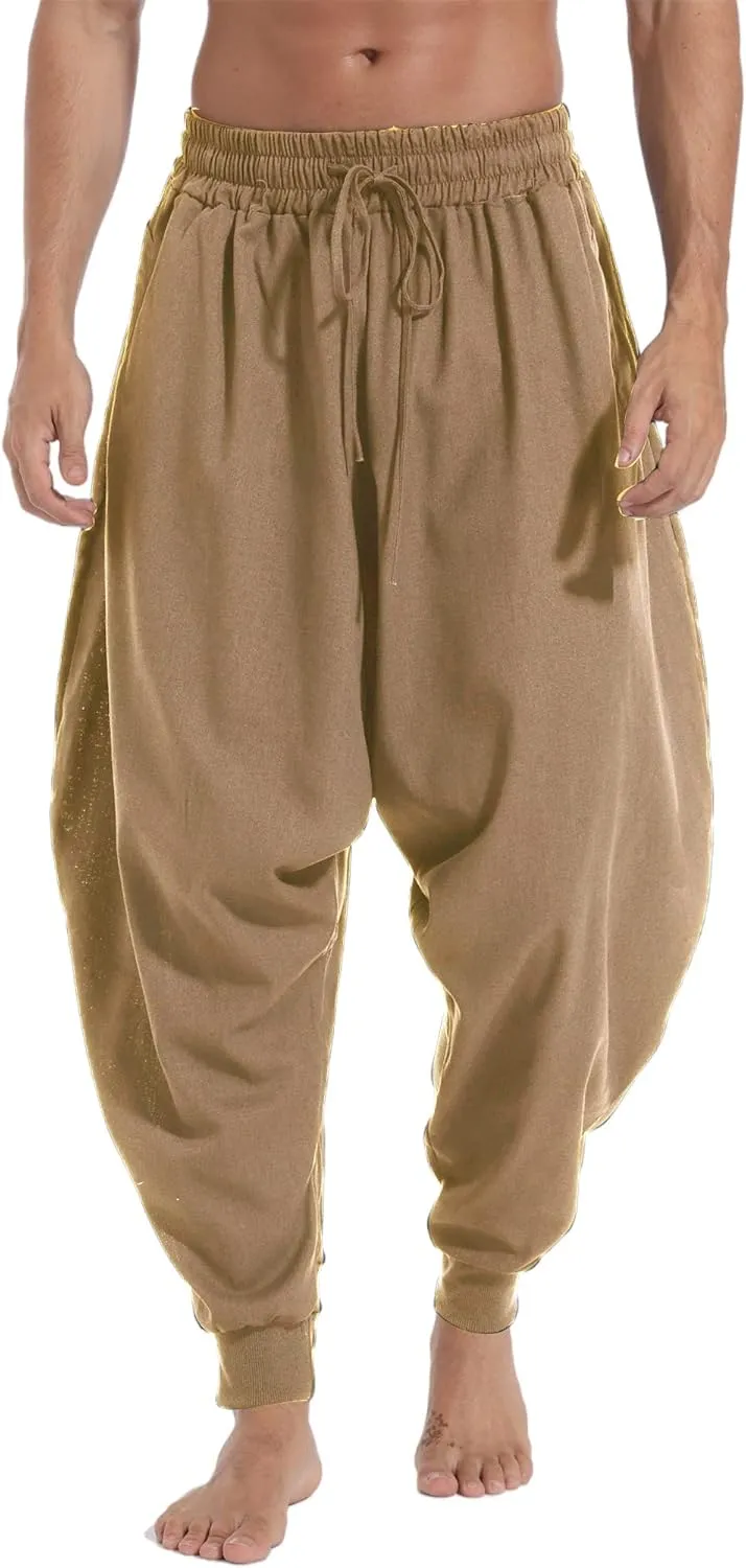 AITFINEISM Men's Drawstring Aladdin Hippie Harem Pants Loose Drop Crotch Trousers