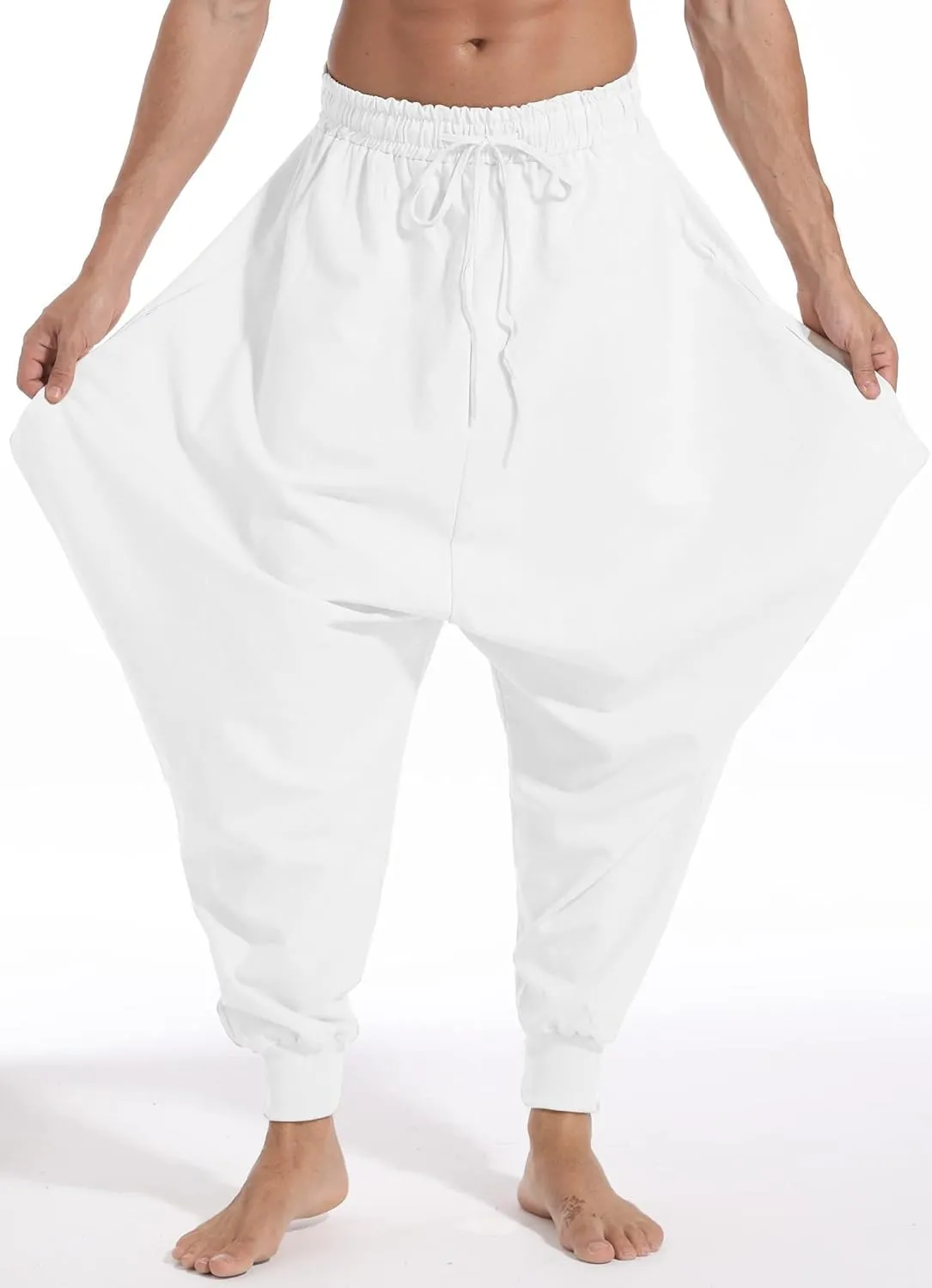 AITFINEISM Men's Drawstring Aladdin Hippie Harem Pants Loose Drop Crotch Trousers