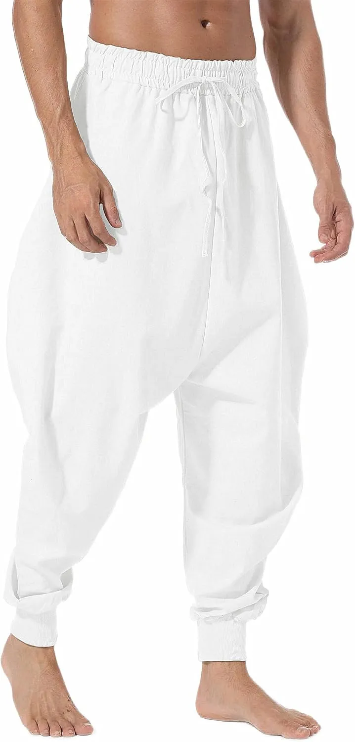 AITFINEISM Men's Drawstring Aladdin Hippie Harem Pants Loose Drop Crotch Trousers