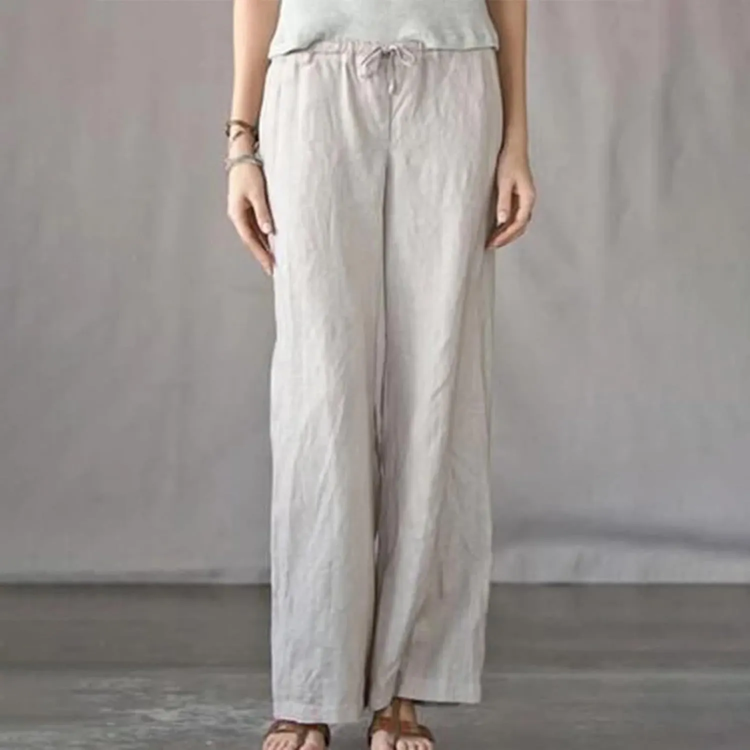 Akklian Women's Summer Cotton Linen Wide Leg Pants Drawstring High Waisted Palazzo Pants Flowy Beach Trousers with Pockets