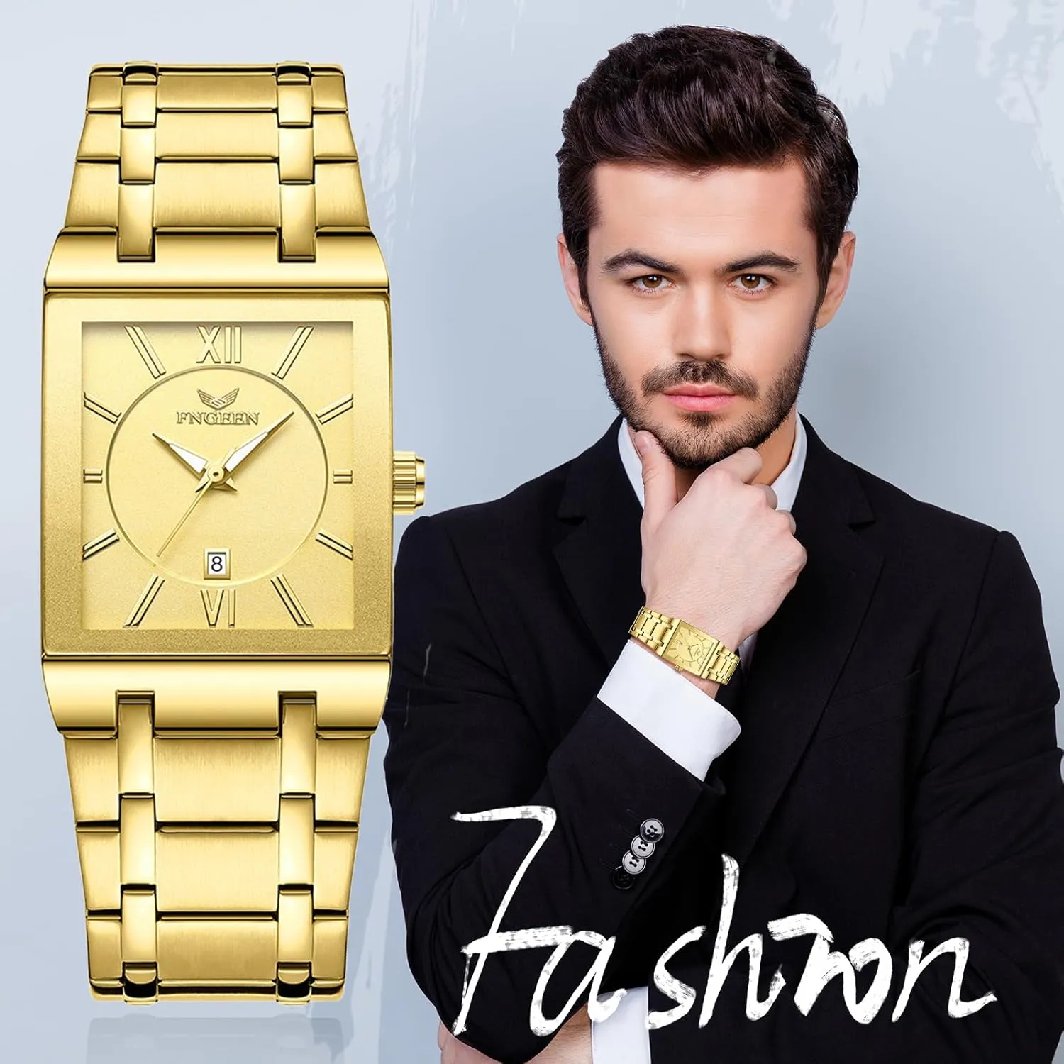 Analog Quartz Square Watch: Men Gold Big Face Waterproof Calendar Stainless Steel Rectangle Business Wrist Watches