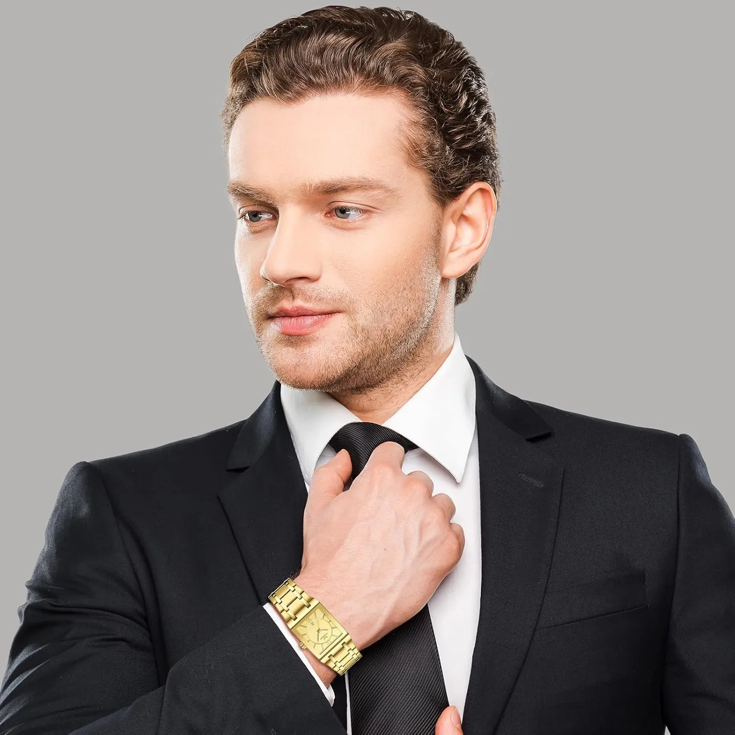 Analog Quartz Square Watch: Men Gold Big Face Waterproof Calendar Stainless Steel Rectangle Business Wrist Watches