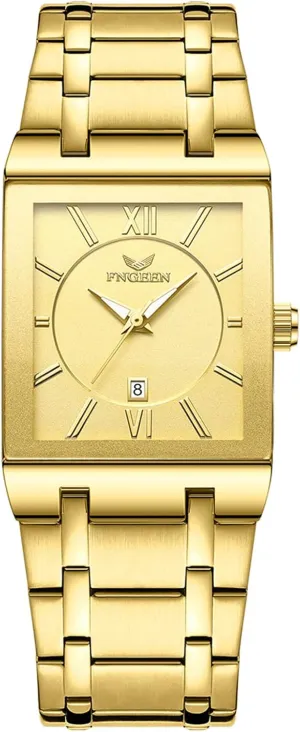 Analog Quartz Square Watch: Men Gold Big Face Waterproof Calendar Stainless Steel Rectangle Business Wrist Watches