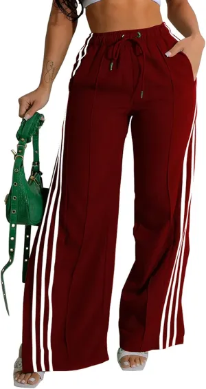 Angsuttc Wide Leg Pants Women Drawstring Side Split Sweatpants with Stripes Casual Elastic High Waist Long Pant