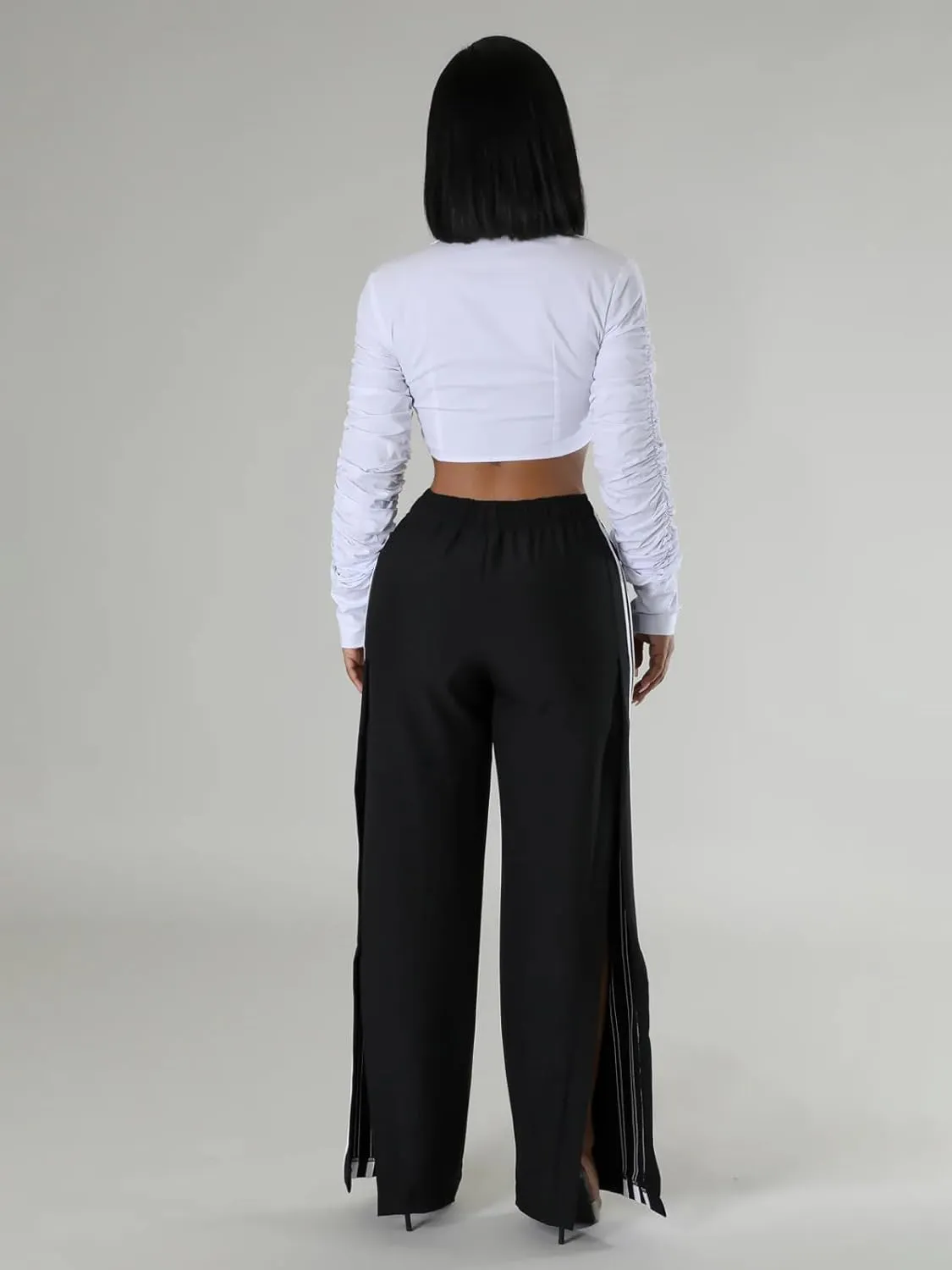 Angsuttc Wide Leg Pants Women Drawstring Side Split Sweatpants with Stripes Casual Elastic High Waist Long Pant
