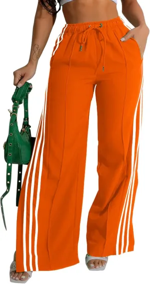 Angsuttc Wide Leg Pants Women Drawstring Side Split Sweatpants with Stripes Casual Elastic High Waist Long Pant