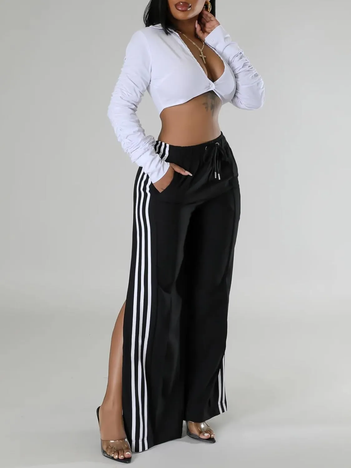 Angsuttc Wide Leg Pants Women Drawstring Side Split Sweatpants with Stripes Casual Elastic High Waist Long Pant